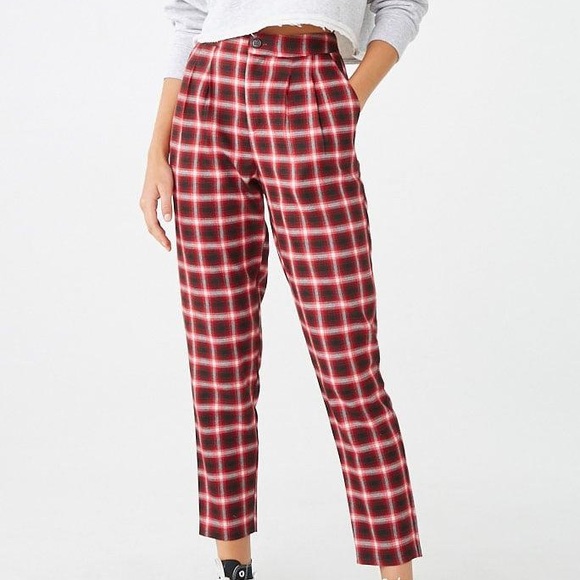 Forever 21 red plaid pleated trousers NEW - Picture 1 of 7